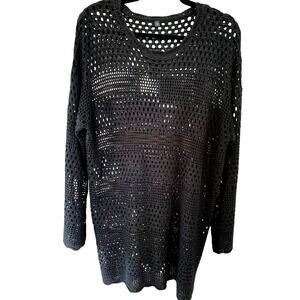 CROCHETED BLACK OPEN PATTERN TUNIC LENGTH COVERUP SIZE L